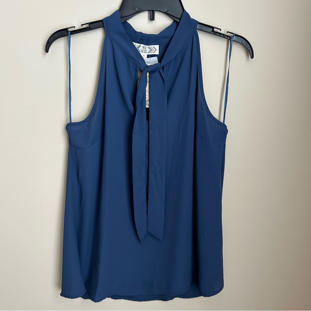 Pink Rose Navy Sleeveless Neck Tie Detail Blouse Tank Top NWT Size XS